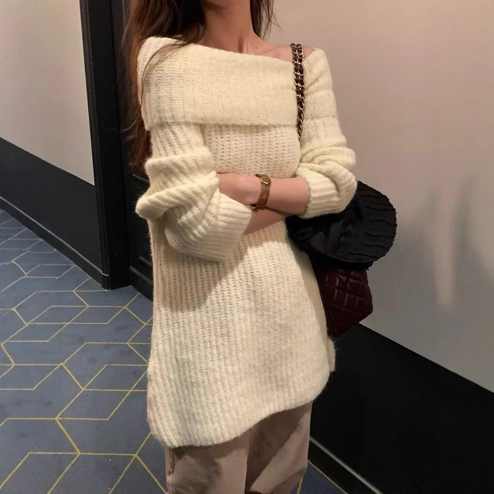 Slimming Soft Korean Sle Long Sve One oulder Pure Color Woolen Sweater for Women Autumn Faion Ci Walk Casual Wear - AliExpress Sweaters&Jumpers