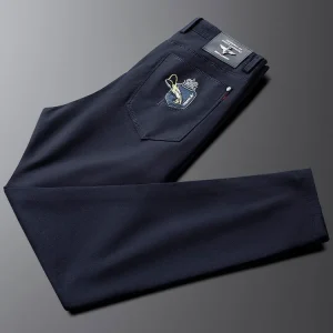 Blue Slim Fit Men's Casual Pants Elastic Comfortable Youth Faion Ci Long Trousers Autumn Season Straight Tube Regular Thi... - AliExpress Pants