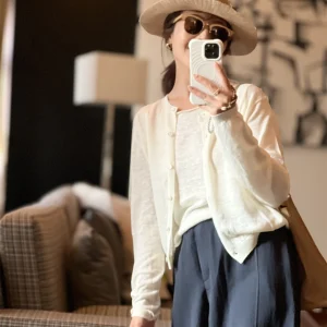 Cotton Linen Knitted Set White Linen Open Cardigan Deep Blue Linen Vest ort Two Piece Set Casual Sle Long Sve round Ne - AliExpress Sweaters&Jumpers