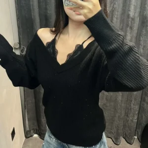 an South Oil Women's Long Sve V-Ne Knitted Sweater Lace Splicing Autumn Winter New Sle Slim Fit Pure Color Commute Sle - AliExpress Sweaters&Jumpers