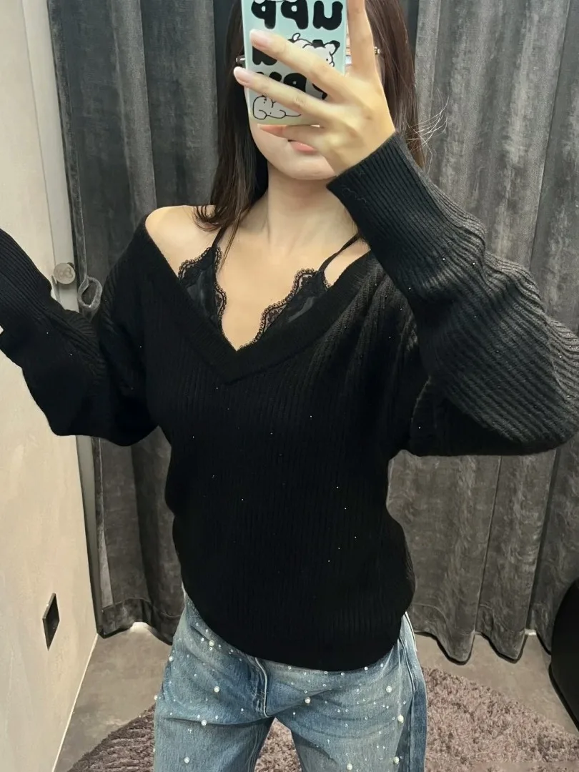an South Oil Women's Long Sve V-Ne Knitted Sweater Lace Splicing Autumn Winter New Sle Slim Fit Pure Color Commute Sle - AliExpress Sweaters&Jumpers