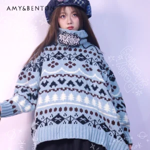 Christmas Vintage Design Blue Handmade Jacquard Women's Pullovers Winter New High Neck Loose Versatile Knitted Sweater Ladies - AliExpress Sweaters&Jumpers