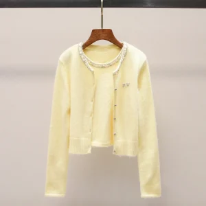 Sweet Sle Knitted Diamond Decorated round Ne Sweater And Vest Set Women's Faion Polyester Fiber Long Sve ort Coat - AliExpress Sweaters&Jumpers