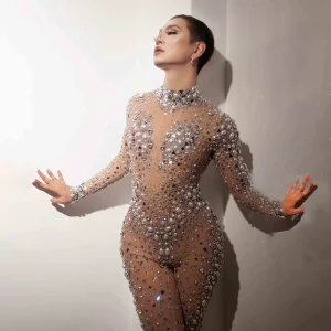 Women sexy skin tone diamond Shiny pearl stretch tight jumpsuit party Bar nightclub DJ female singer stage performance clothing - AliExpress Jumpsuits&Rompers