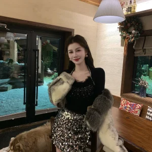 AZZHEN Heart Melody Heavy Du Rhinestone Faux Fur Splicing Knitted Waist Cinching Base Layer Women's Faion French Sle So... - AliExpress Sweaters&Jumpers