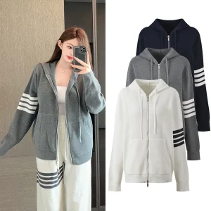 Four Stripe Design Hooded Zipper Cardigan Spring Autumn Season ex Trendy Striped Knitted Sweater Fem Bright Tead - AliExpress Sweaters&Jumpers