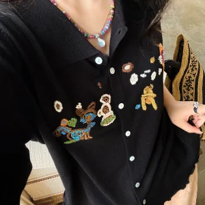 Korean Style Embroidery Casual Turn-down Collar Cuffed Sweater Versatile Fashionable Loose Fit Soft Cotton Women's Top - AliExpress Sweaters&Jumpers