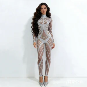 2026 Sexy Fashion striped rhinestone Jumpsuit Stretch Leggings Women's Prom Party Outfit Nightclub Female Singer Show Stage Wear - AliExpress Jumpsuits&Rompers