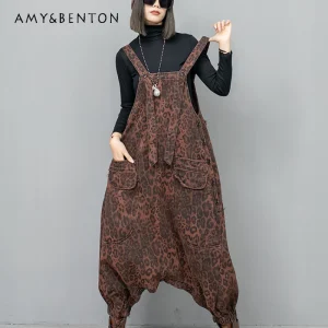Special Design Leopard Print Velvet Denim Strap Pants Women's Winter Autumn Younger Slimming High Waist Loose Crotch Jumpsuit - AliExpress Jumpsuits&Rompers