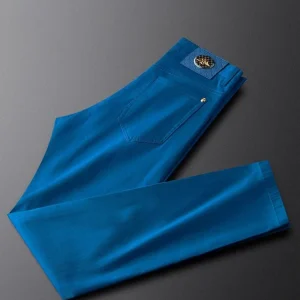 Blue Slim Fit Men's Jeans Luxury Quali Elastic Busin Casual Pants Faionable Leather Brand Cotton Polyester Blend - AliExpress Pants