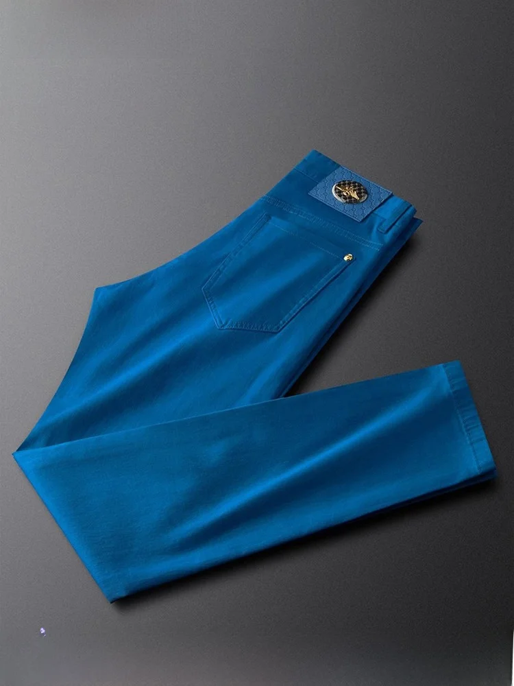 Blue Slim Fit Men's Jeans Luxury Quali Elastic Busin Casual Pants Faionable Leather Brand Cotton Polyester Blend - AliExpress Pants