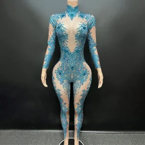 Blue Printing Sexy Elastic Sheath Long Jumpsuit Evening Party Performance Costume Bar DJ Nightclub Singer Dancer Stage Wear - AliExpress Jumpsuits&Rompers