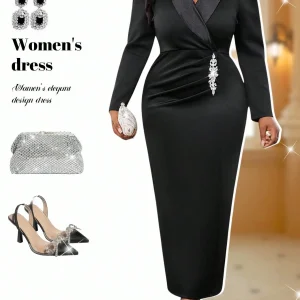 Elegant Black Wrap Dress with Satin Lapel, Rhinestone Waist Accent, Long Sleeves for Formal Events - AliExpress Sweaters&Jumpers