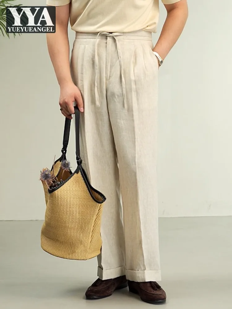 New Style Mens Thin Linen Pants Breathable Drawstring Double Pleated Straight-Leg Trousers High Waist Casual Full Length Pant - AliExpress Pants