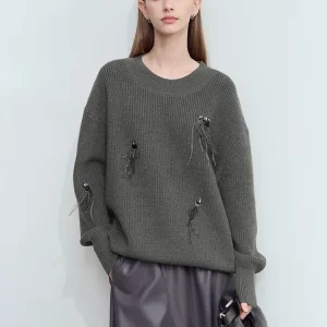 Amii Crew Neck Feather Bead Piece Nailed Diamond Sweater 2024 Winter Womens Clothing Loose Shoulder Sleeve Commuter Top 12444252 - AliExpress Sweaters&Jumpers