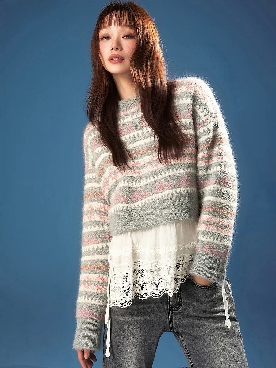 Color Block Knitted Sweater round Neck Long Sleeve Women's Casual Winter New Arrival Tassel Trimmed Fluffy Polyester Blend - AliExpress Sweaters&Jumpers