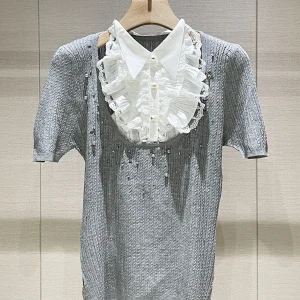 Ele ey ort Sve Knitted irt Women's Faion Spring 2026 Turn-down Collar Lace Embellied Unique Sli Top - AliExpress Sweaters&Jumpers
