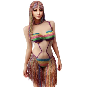 Fangxiang Sexy Skin Tone Sleeveless Bodysuit Jumpsuit Colorful Rhinestone Bikini Fringe Shorts Bar Performance Outfit Prom Gowns - AliExpress Jumpsuits&Rompers