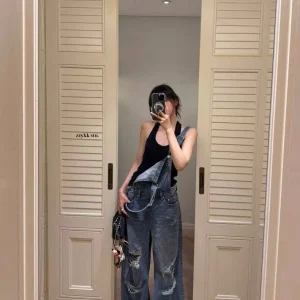Retro Hole Denim Overalls Women's High Waist Straight Leg Slimming Youthful Wide Leg Jumpsuit Spring 2026 Faion Trend - AliExpress Jumpsuits&Rompers