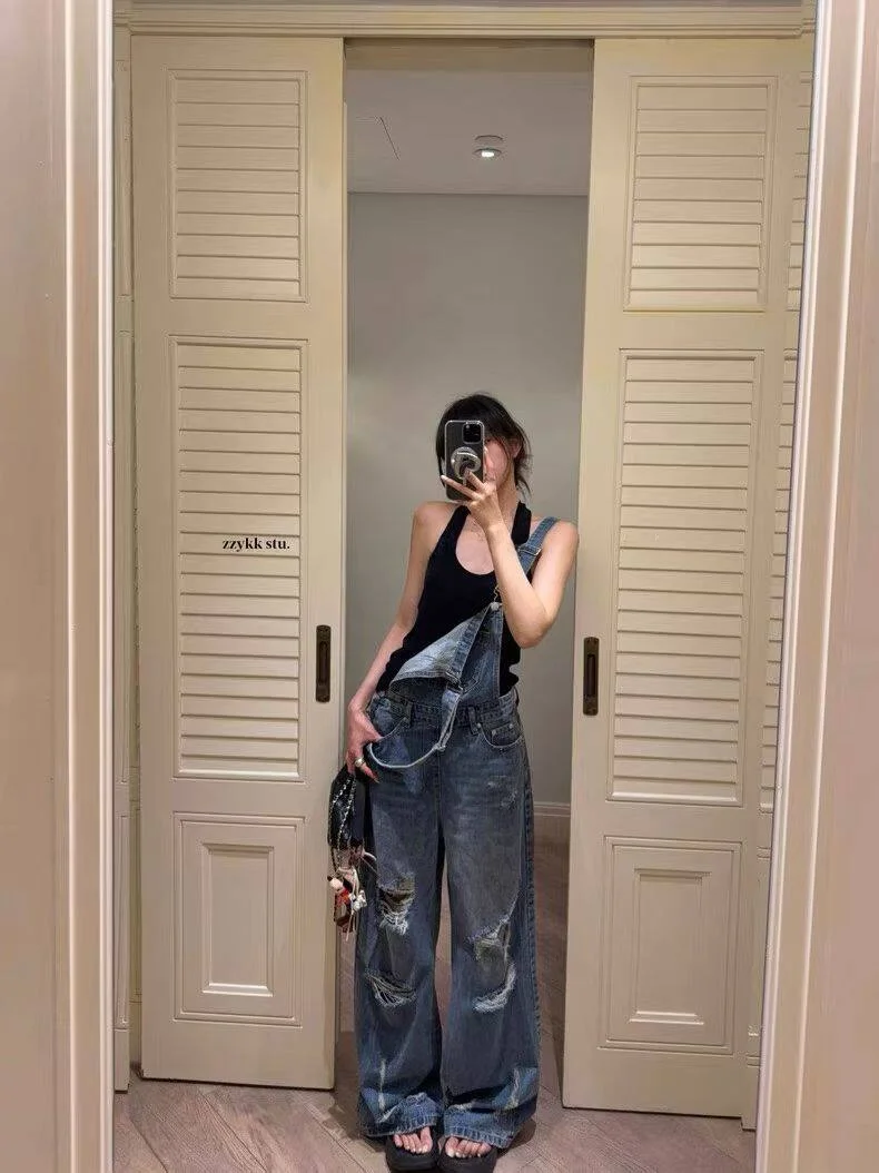 Retro Hole Denim Overalls Women's High Waist Straight Leg Slimming Youthful Wide Leg Jumpsuit Spring 2026 Faion Trend - AliExpress Jumpsuits&Rompers