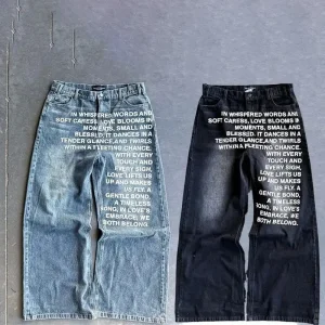 Y2K Men's Vintage American Pattern Letter Jeans Streetwear Straight Leg Clean Fit PVC Neutral Winter Casual Pants - AliExpress Pants