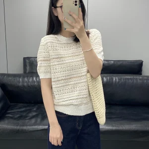 00% Cotton Hollow out ort Sve Knitted Sweater Women's Loose round Ne Pullover Gold Tead Splicing T-irt Top - AliExpress Sweaters&Jumpers
