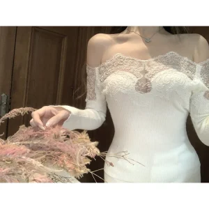 Kubiliv Heavy Work One oulder Lace Trim Knitted Top White Tea Flower adow Korean Sle Slim Fit Long Sve Crew Ne - AliExpress Sweaters&Jumpers