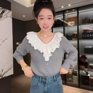 OUDOEE Knitted Long Sve V-Ne Doll Collar Splice Open Cardigan Women's Faion Spring New Sle Soft Polyester Fiber - AliExpress Sweaters&Jumpers