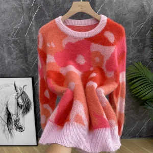 Cisas Aosphere Pink Leopard Print Fce Lined Soft Loose Knitted Sweater Comfortable Long Sve Crew Ne Pullover - AliExpress Sweaters&Jumpers