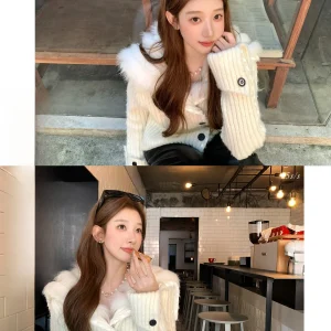 LIONE Winter Navy  Fur Collar Knitted Sweater Jaet Warm Thermal V-Ne Long Sve Women's Casual Sle Pure Color - AliExpress Sweaters&Jumpers