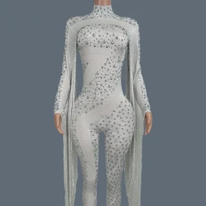 Women Sexy Spandex Tight Fitting Jumpsuit Sparkly Crystals Tassel Jumpsuit Nightclub Celebrate Bar Performance Outfit Guoqing - AliExpress Jumpsuits&Rompers