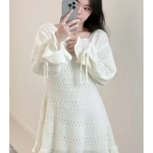 Sweet Fashionable Knitted Dress Women's Loose Fit Casual Style Hollow out Princes Sleeve Bows Detail Polyester Blend Long Sleeve - AliExpress Sweaters&Jumpers