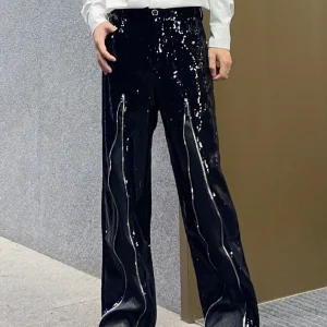 Heavy Industry Sequined Splicing Zipper Design Sense Black Trousers Men's Korean Fashion Trend Loose Versatile Casual Trousers - AliExpress Pants