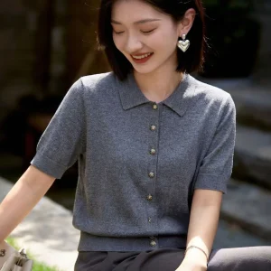 Minimalist Luxury Cashmere Knitted Shirt Women's Short Sleeve Turn-down Collar Summer Top Loose Fit Casual Style Regular Length - AliExpress Sweaters&Jumpers