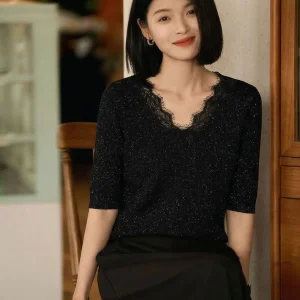 Elegant Black Women's Short Sleeve V-Neck Knitwear Loose Fit Summer Slimming Top Casual Luxury Style Polyester Fiber T-Shirt - AliExpress Sweaters&Jumpers
