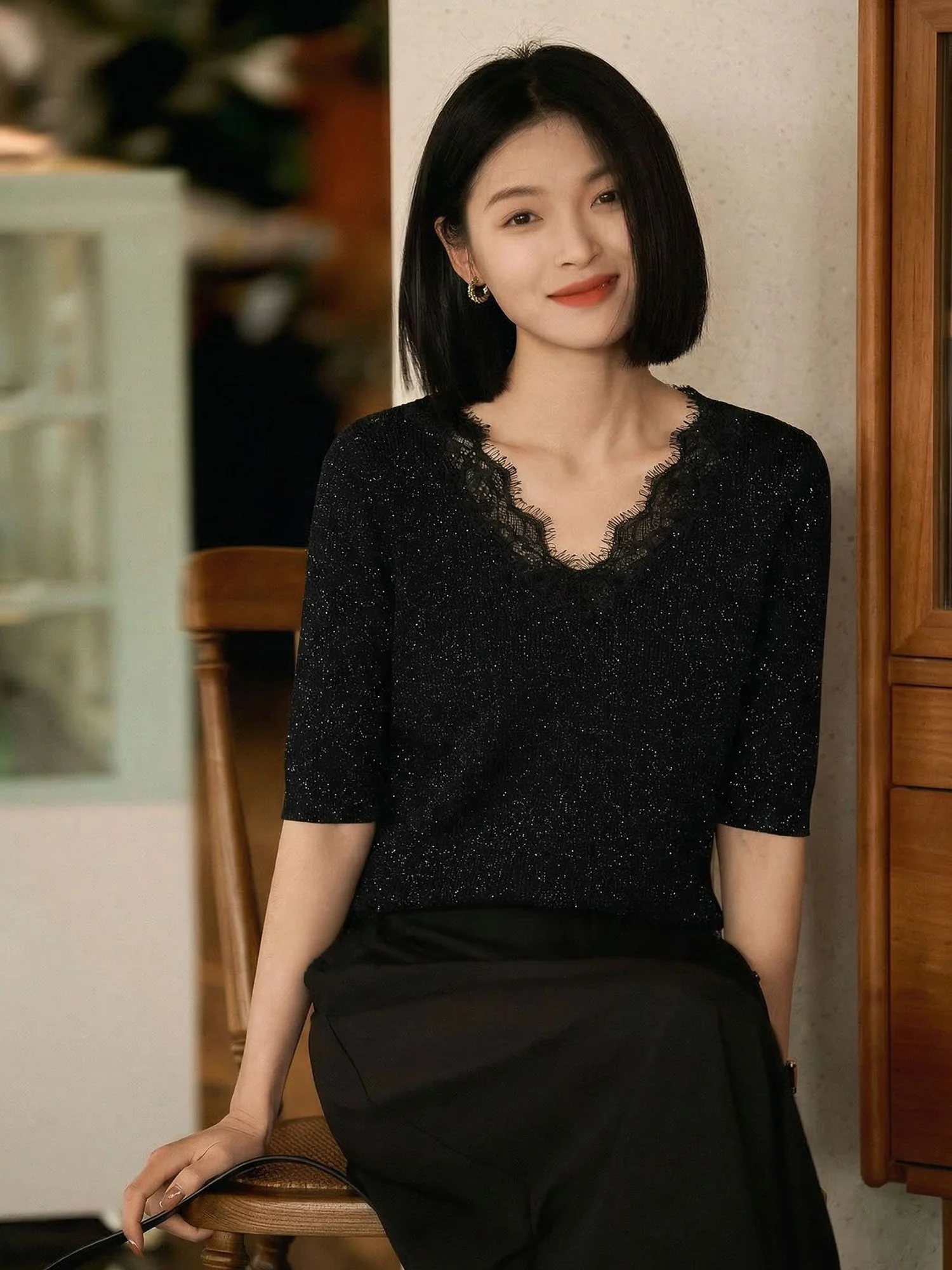 Elegant Black Women's Short Sleeve V-Neck Knitwear Loose Fit Summer Slimming Top Casual Luxury Style Polyester Fiber T-Shirt - AliExpress Sweaters&Jumpers