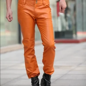 2025 New Men's Fashion Faux Leather Pants Men Orange Slim Casual Nightclub Male Plue Size Motorcycle Trousers Free Shipping - AliExpress Pants