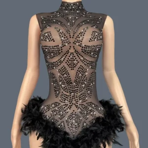 Sparkly Rhinestone Black See Through Mesh Feather Bodysuit Birthday Night Out Party Outfit Halloween Event Show Dance Wear Wuya - AliExpress Jumpsuits&Rompers
