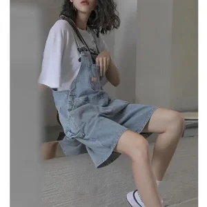 Women's Denim Overalls orts Summer Loose Slimming Youthful Five-Point Casual Wide Leg Pants High Waist Cotton Blend - AliExpress Jumpsuits&Rompers