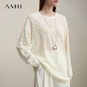 Amii Women's Pullover 2026 Spring New Round Neck Loose Fit Drop Shoulder Sweater Jacquard Knit Long Sleeve Casual Tops 12651021 - AliExpress Sweaters&Jumpers