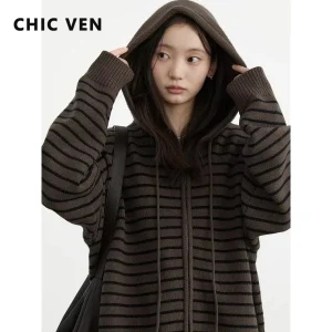 CHIC VEN Women Cardigan Long Sleeves Loose New Drawstring Hooded Striped Sweater Female Loose Knit Jumpers Autumn Spring 2024 - AliExpress Sweaters&Jumpers
