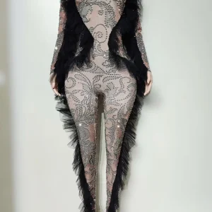 Sparkly Silver Rhinestone Black Mesh Tight Fitting Jumpsuit Women Spandex Elastic Club Party Drag Queen Performer Wear Heishi - AliExpress Jumpsuits&Rompers
