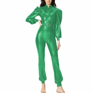 Puff Long Sleeves Jumpsuit for Ladies Wetlook Streetwear Back Zipper PVC Shiny Leather Rompers with Belt Party Womens Bodysuit - AliExpress Jumpsuits&Rompers