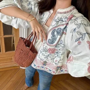 Ele Floral Embroidery Comfortable 3/4 Sve irt Cotton French Sle Loose Fit Women's Jaet Autumn New Arrival - AliExpress Sweaters&Jumpers