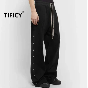 High Street Elastic Waist Ro Style Black Pant Men's Dark Breasted Straight Leg Casual Wide Leg Loose Casual Pants Men Clothing - AliExpress Pants