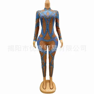 Sexy Niche Luxury Rhinestone Mesh Slim Jumpsuit Singer Night Reception Performance Blue Goldfish Designer Luxury Evening Dresses - AliExpress Jumpsuits&Rompers