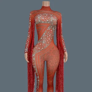 Night Club Party Stage Performance Outfit Rhinestone Bodycon Tassel Long Sleeved Sexy Jumpsuit Spandex Elastic Jumpsuit Guoqing - AliExpress Jumpsuits&Rompers