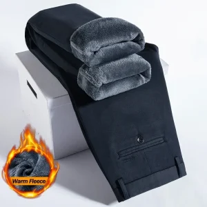 Winter Fleece Men's Casual Pants Warm Plush Velvet Classic High Waist Elastic Business Office Straight Trousers Thermal Clothes - AliExpress Pants