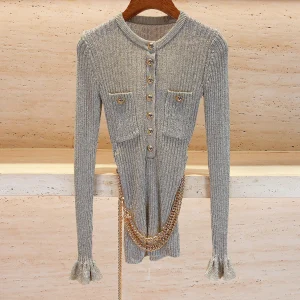 Elegant Women's Knitted Top with Bell Sleeves And Waist Chain Autumn Fashion Commute Style Medium Softness Long Sleeve - AliExpress Sweaters&Jumpers