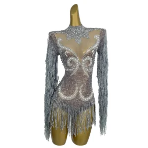 Sexy Long Sleeves Tassel Pearls One Piece Short Jumpsuit Stripper Outfits Dancewear Women Stage Performance Rhinestone Bodysuits - AliExpress Jumpsuits&Rompers